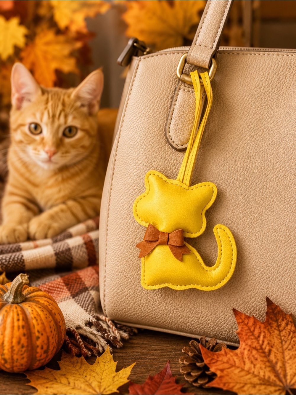 Yellow Cat Bag Charm Purse Accessory with Brown Bow